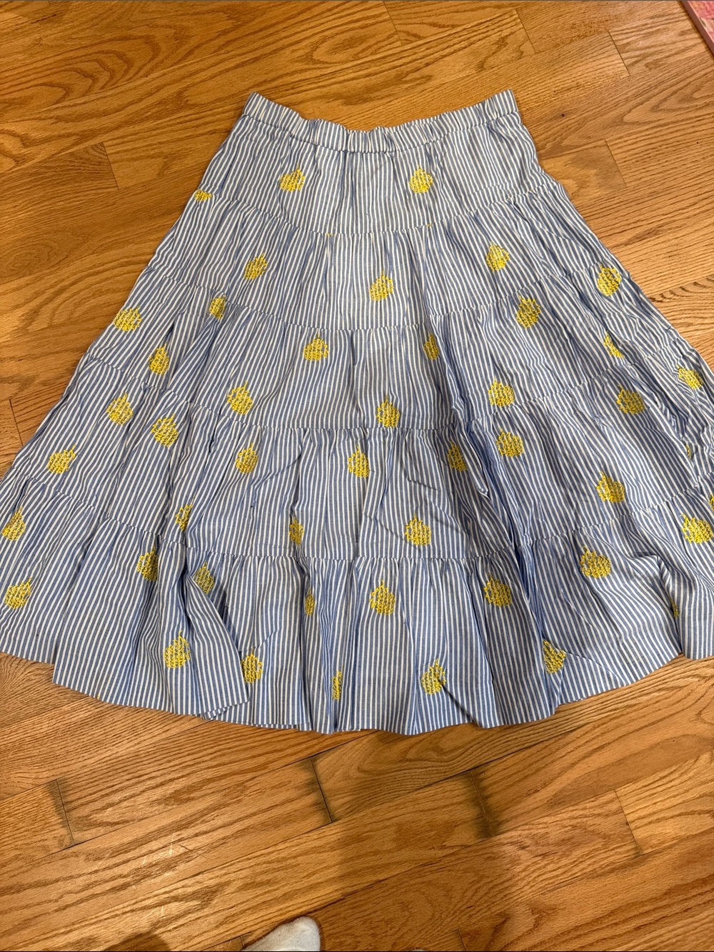 J. Crew Blue-and-White Striped A-Line Skirt with Yellow Dot Embroidery